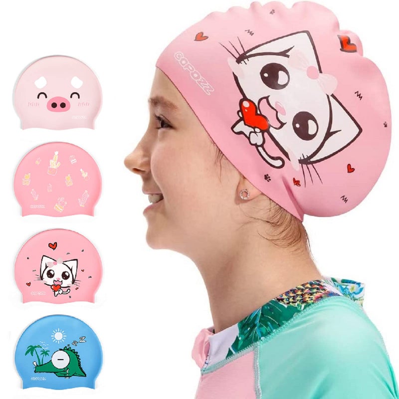 COPOZZ Kids Swim Caps, Silicone Waterproof Comfy Swimming Cap Hat for Children Boys Girls Aged 5-12 - Image 1